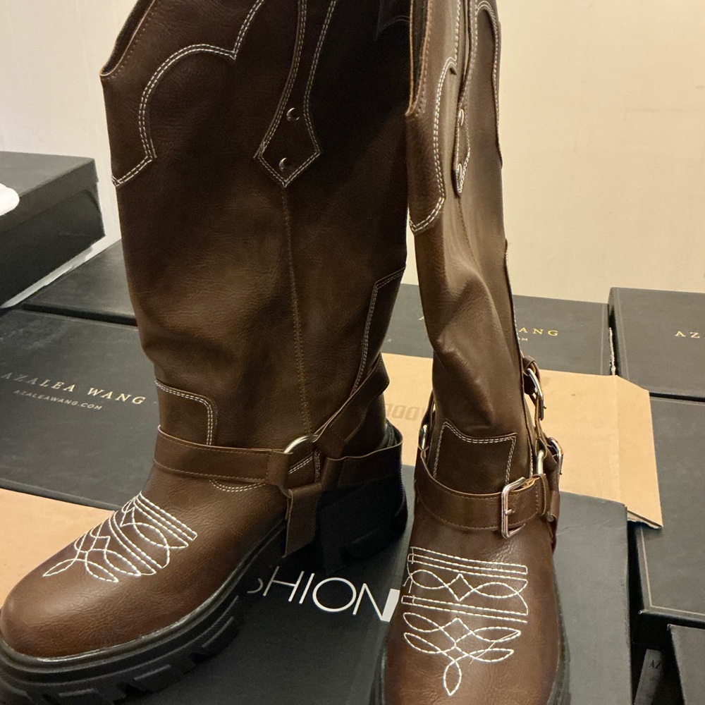 Fashion Nova Brown Boots with White Embroidery